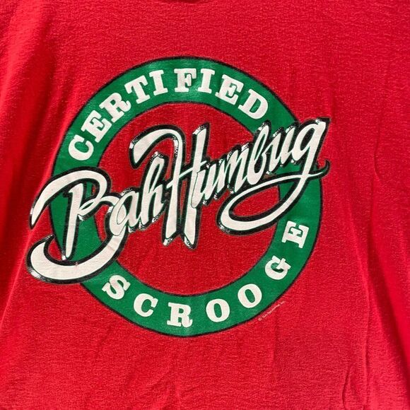 Vintage Scrooge Shirt Mens Extra Large Red Certified Bah Humbug Singe Stitch 90s - Picture 2 of 8